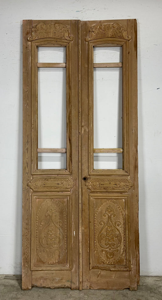 Antique  French Panel Doors with Carving  (102 x 44) M054 As Is Needs Glass