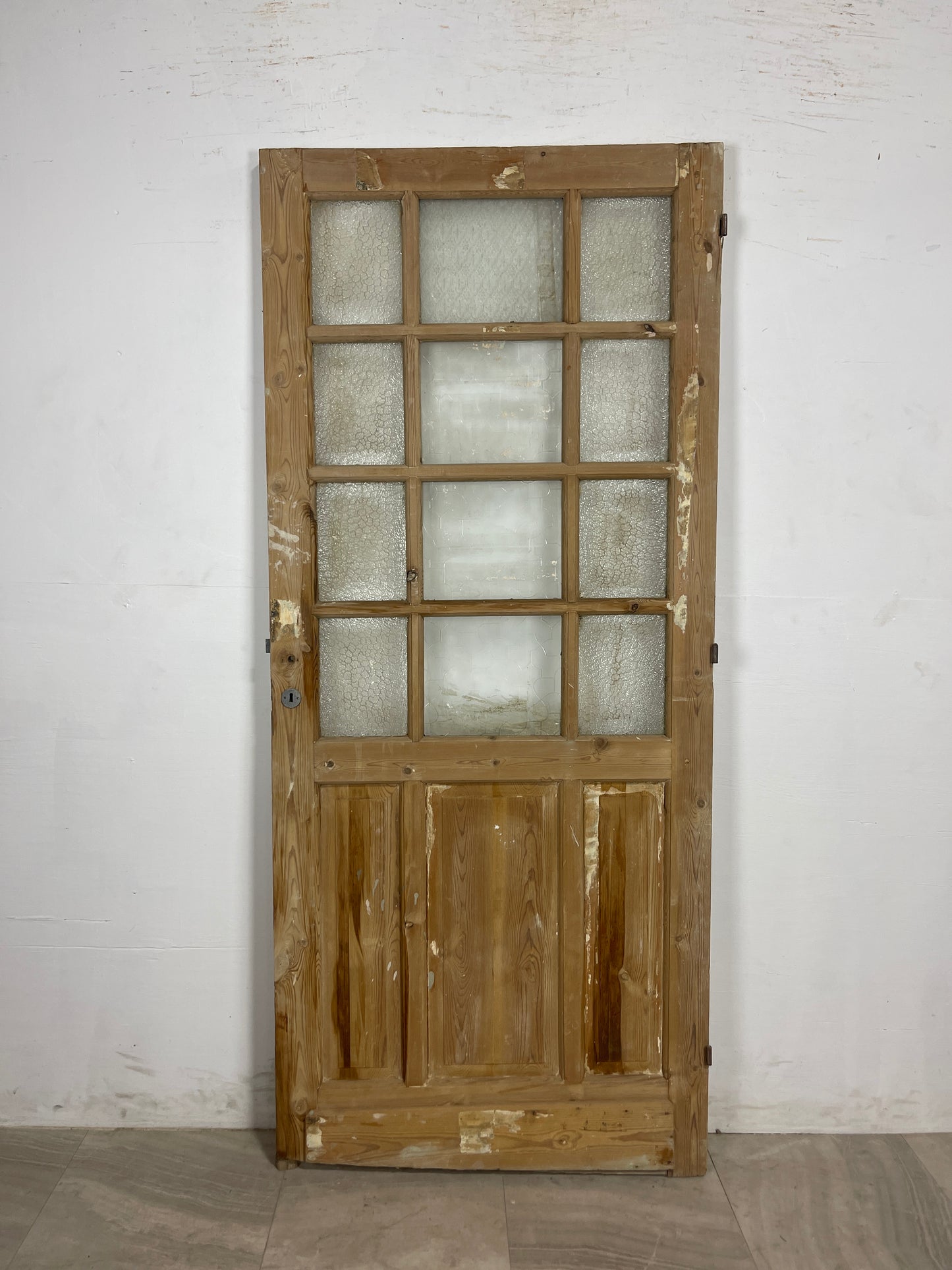 Antique French Panel Door with Glass As Is Needs Squared (82.25 x 35.5) N205