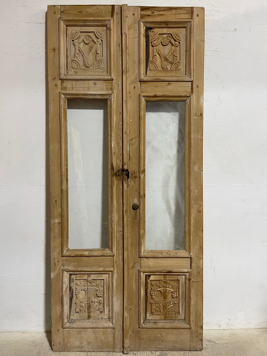 Antique French panel door with glass and carvings (99.5x 44.75) K300